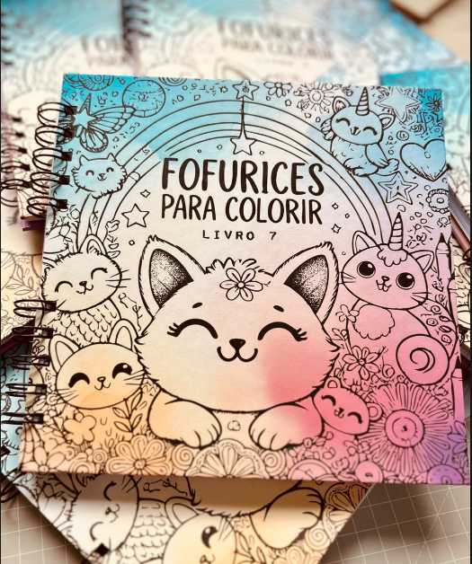 Livro ilustrado para colorir com encadernação em espiral sobre outros cadernos